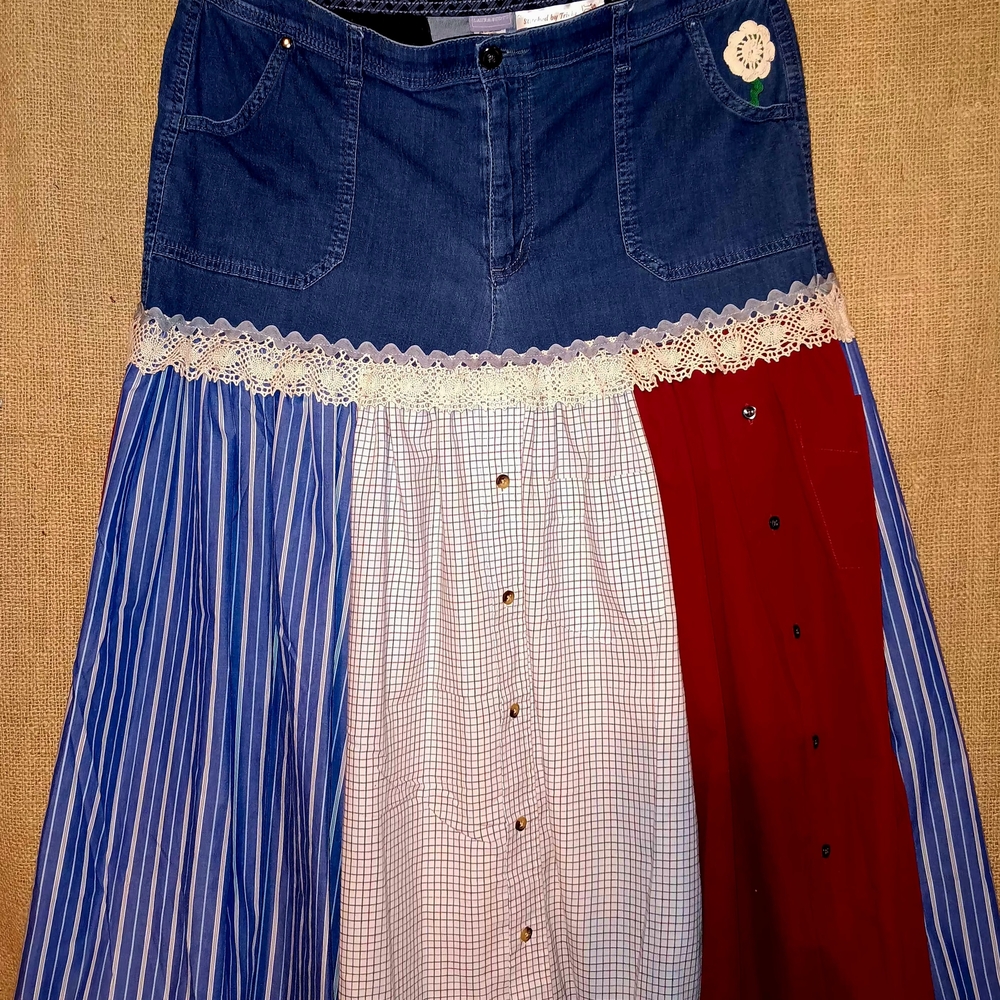 Upcycled Denim and Multicolor Patchwork Skirt
